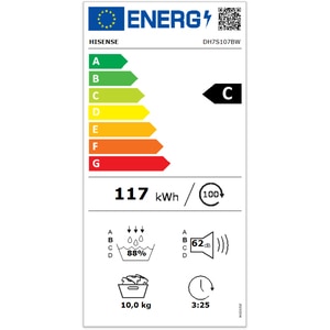 Uscator de rufe HISENSE DH7S107BW, Pompa de caldura, 10 kg, 20 programe, Clasa C, Wi-Fi, alb Uscator de rufe HISENSE DH7S107BW, Pompa de caldura, 10 kg, 20 programe, Clasa C, Wi-Fi, alb