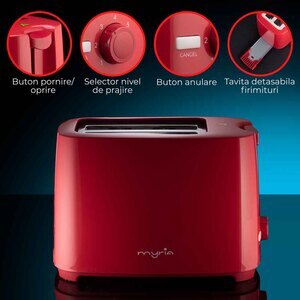 Prajitor de paine MYRIA MY4016, 2 felii, 700W, rosu Prajitor de paine MYRIA MY4016, 2 felii, 700W, rosu