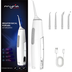 Irigator bucal MYRIA MY4904WH, 4 capete, 195ml, alb Irigator bucal MYRIA MY4904WH, 4 capete, 195ml, alb