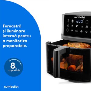 Friteuza cu aer cald NUTRIBULLET CrispLite Vision NBA0811DG, 8l, 2.6kg, 2000W, negru-gri inchis Friteuza cu aer cald NUTRIBULLET CrispLite Vision NBA0811DG, 8l, 2.6kg, 2000W, negru-gri inchis