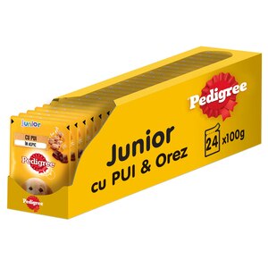 Hrana umeda pentru caini PEDIGREE, Junior, Pui si orez in aspic, 24 x 100 g Hrana umeda pentru caini PEDIGREE, Junior, Pui si orez in aspic, 24 x 100 g