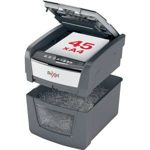 Distrugator documente automat REXEL OPTIMUM 45X, 45 coli, 20l, Cross-Cut, negru-gri Distrugator documente automat REXEL OPTIMUM 45X, 45 coli, 20l, Cross-Cut, negru-gri