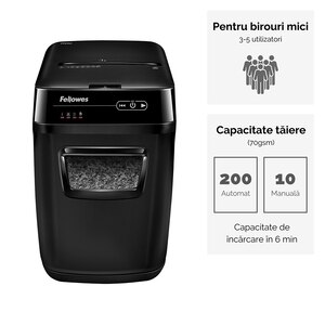 Distrugator documente automat FELLOWES 200M, 200 coli, 32l, Micro-Cut, negru Distrugator documente automat FELLOWES 200M, 200 coli, 32l, Micro-Cut, negru