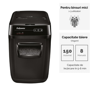 Distrugator documente automat FELLOWES AutoMax 150C, 150 coli, 32l, Cross-Cut, negru Distrugator documente automat FELLOWES AutoMax 150C, 150 coli, 32l, Cross-Cut, negru
