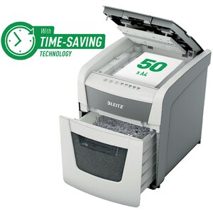 Distrugator documente automat LEITZ IQ, 50 coli, 20l, Cross-Cut, alb Distrugator documente automat LEITZ IQ, 50 coli, 20l, Cross-Cut, alb