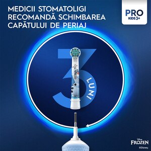 Periuta de dinti electrica copii ORAL-B Pro Kids Frozen, 7600 miscari/min, Curatare 2D, 2 programe, 1 capat, albastru Periuta de dinti electrica copii ORAL-B Pro Kids Frozen, 7600 miscari/min, Curatare 2D, 2 programe, 1 capat, albastru
