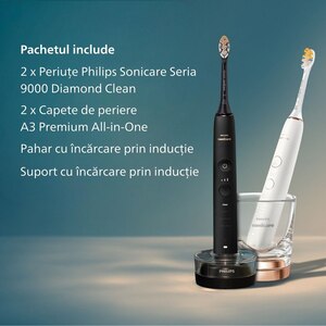 Set 2 Periute de dinti electrice PHILIPS Sonicare Diamond Clean HX9914/69, 62000 miscari/min, Curatare 3D, 4 programe, 2 capete, alb/negru Set 2 Periute de dinti electrice PHILIPS Sonicare Diamond Clean HX9914/69, 62000 miscari/min, Curatare 3D, 4 programe, 2 capete, alb/negru