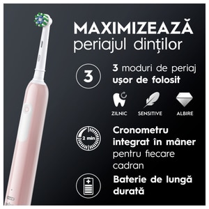 Periuta de dinti electrica ORAL-B Pro 1, 20000 pulsatii/min, Curatare 3D, Timer, 3 programe, 1 capat, roz Periuta de dinti electrica ORAL-B Pro 1, 20000 pulsatii/min, Curatare 3D, Timer, 3 programe, 1 capat, roz
