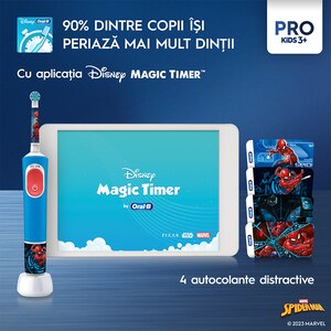 Periuta de dinti electrica copii ORAL-B Pro Kids Spiderman, 7600 miscari/min, Curatare 2D, 2 programe, 1 capat, albastru Periuta de dinti electrica copii ORAL-B Pro Kids Spiderman, 7600 miscari/min, Curatare 2D, 2 programe, 1 capat, albastru