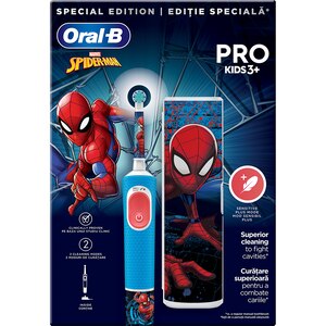 Periuta de dinti electrica copii ORAL-B Pro Kids Spiderman, 7600 miscari/min, Curatare 2D, 2 programe, 1 capat, albastru Periuta de dinti electrica copii ORAL-B Pro Kids Spiderman, 7600 miscari/min, Curatare 2D, 2 programe, 1 capat, albastru