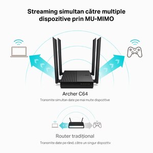 Router Wireless Gigabit TP-LINK Archer A64 AC1200, Dual-Band 400 + 867 Mbps, negru Router Wireless Gigabit TP-LINK Archer A64 AC1200, Dual-Band 400 + 867 Mbps, negru