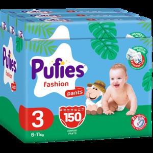 Scutece chilotel PUFIES Fashion Maxi nr 3, Unisex, 6-11kg, 150 buc Scutece chilotel PUFIES Fashion Maxi nr 3, Unisex, 6-11kg, 150 buc