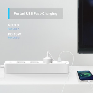 Prelungitor smart cu protectie TP-LINK Tapo P300, 3 prize, 2 x USB-A, 1 x USB-C, alb Prelungitor smart cu protectie TP-LINK Tapo P300, 3 prize, 2 x USB-A, 1 x USB-C, alb