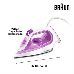 Fier de calcat BRAUN TexStyle 3 SI3030PU, 2300W, 140g/min, 270ml, talpa SuperCeramic, mov-alb Fier de calcat BRAUN TexStyle 3 SI3030PU, 2300W, 140g/min, 270ml, talpa SuperCeramic, mov-alb