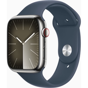 APPLE Watch Series 9, GPS + Cellular, 45mm Silver Stainless Steel Case, Storm Blue Sport Band - M/L APPLE Watch Series 9, GPS + Cellular, 45mm Silver Stainless Steel Case, Storm Blue Sport Band - M/L