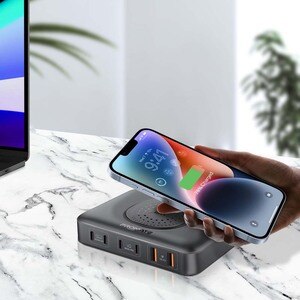 Statie incarcare wireless PROMATE PowerBase-GaN100, 4xUSB-C Power Delivery 30W-100W, 2xUSB-A Quick Charge 30W, Wireless 15W, negru Statie incarcare wireless PROMATE PowerBase-GaN100, 4xUSB-C Power Delivery 30W-100W, 2xUSB-A Quick Charge 30W, Wireless 15W, negru