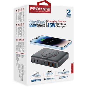 Statie incarcare wireless PROMATE PowerBase-GaN100, 4xUSB-C Power Delivery 30W-100W, 2xUSB-A Quick Charge 30W, Wireless 15W, negru Statie incarcare wireless PROMATE PowerBase-GaN100, 4xUSB-C Power Delivery 30W-100W, 2xUSB-A Quick Charge 30W, Wireless 15W, negru