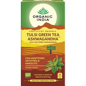 Ceai verde ORGANIC INDIA Tulsi Ashwagandha, 25 plicuri, 50g Ceai verde ORGANIC INDIA Tulsi Ashwagandha, 25 plicuri, 50g