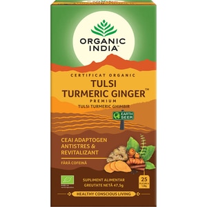 Ceai ORGANIC INDIA Turmeric si Ghimbir, 25 plicuri, 47.5g Ceai ORGANIC INDIA Turmeric si Ghimbir, 25 plicuri, 47.5g