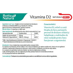Supliment Vitamina D2 naturala 2000 U.I, 30 capsule, ROTTA NATURA Supliment Vitamina D2 naturala 2000 U.I, 30 capsule, ROTTA NATURA