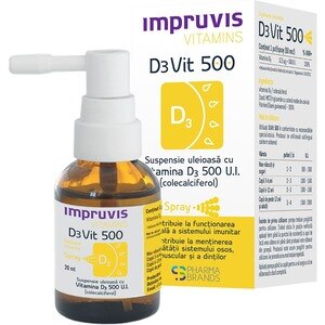 Impruvis D3 Vit 500 Suspensie uleioasa spray cu Vitamina D3 500 U.I., 20 ml, PHARMA BRANDS Impruvis D3 Vit 500 Suspensie uleioasa spray cu Vitamina D3 500 U.I., 20 ml, PHARMA BRANDS