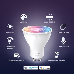 Bec LED Smart TP-LINK Tapo L630, GU10, 3.7W, 350lm, Wi-Fi, lumina variabila, compatibil Alexa, Google Assistant Bec LED Smart TP-LINK Tapo L630, GU10, 3.7W, 350lm, Wi-Fi, lumina variabila, compatibil Alexa, Google Assistant