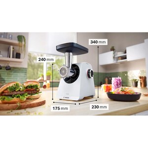 Masina de tocat carne BOSCH MFWS420W, 2.5kg/min, 1900W, accesoriu carnati/kebbe, alb-negru Masina de tocat carne BOSCH MFWS420W, 2.5kg/min, 1900W, accesoriu carnati/kebbe, alb-negru