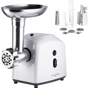 Masina de tocat carne MYRIA MY4075, 0.5kg/min, 1200W, accesoriu carnati/suc de rosii/kebbe, alb-gri Masina de tocat carne MYRIA MY4075, 0.5kg/min, 1200W, accesoriu carnati/suc de rosii/kebbe, alb-gri