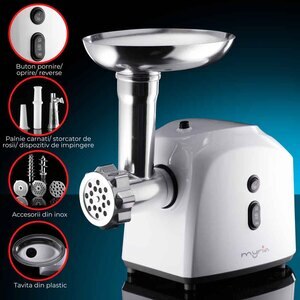 Masina de tocat carne MYRIA MY4075, 0.5kg/min, 1200W, accesoriu carnati/suc de rosii/kebbe, alb-gri Masina de tocat carne MYRIA MY4075, 0.5kg/min, 1200W, accesoriu carnati/suc de rosii/kebbe, alb-gri