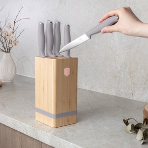 Set cutite BERLINGER HAUS BH/2974 + suport bambus, 5 piese, otel, 9-20cm, gri Set cutite BERLINGER HAUS BH/2974 + suport bambus, 5 piese, otel, 9-20cm, gri