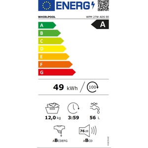 Masina de spalat rufe frontala WHIRLPOOL WPM 27W ADS EE, 6th Sense, Steam, 12 kg, 1400rpm, Clasa A, alb Masina de spalat rufe frontala WHIRLPOOL WPM 27W ADS EE, 6th Sense, Steam, 12 kg, 1400rpm, Clasa A, alb