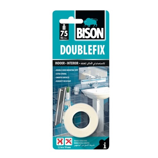 Banda dubla adeziva Bison, 19 mm x 1.5 m, alb Banda dubla adeziva Bison, 19 mm x 1.5 m, alb
