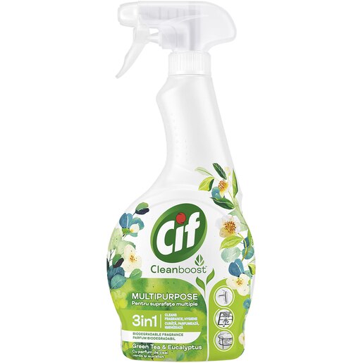 Solutie multisuprafete spray CIF Cleanboost, Ceai verde & Eucalipt, 500 ml Solutie multisuprafete spray CIF Cleanboost, Ceai verde & Eucalipt, 500 ml