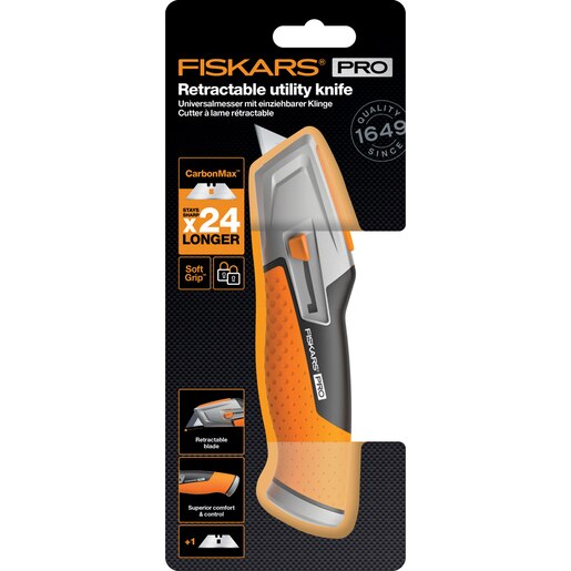 Cutit utilitar FISKARS CarbonMax, lama retractabila, metal, negru Cutit utilitar FISKARS CarbonMax, lama retractabila, metal, negru
