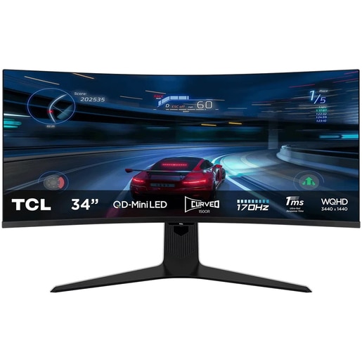 Monitor curbat Mini LED Fast HVA TCL 34R83Q, 34", WQHD, 170Hz, FreeSync Premium, HDR, boxe, alb-negru Monitor curbat Mini LED Fast HVA TCL 34R83Q, 34", WQHD, 170Hz, FreeSync Premium, HDR, boxe, alb-negru