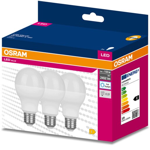 Set 3 becuri LED OSRAM, E27, 19W, 2452lm, lumina rece Set 3 becuri LED OSRAM, E27, 19W, 2452lm, lumina rece