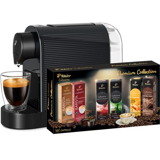 Pachet: Espressor capsule TCHIBO Cafissimo Pure Plus + 60 capsule Premium Collection, 0.8l, 1250W, 15 bar, negru Pachet: Espressor capsule TCHIBO Cafissimo Pure Plus + 60 capsule Premium Collection, 0.8l, 1250W, 15 bar, negru