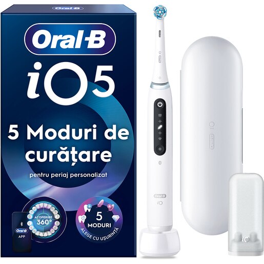 Periuta de dinti electrica ORAL-B iO5, Bluetooth, 40000 miscari/min, Curatare 3D, 5 programe, 1 capat, alb Periuta de dinti electrica ORAL-B iO5, Bluetooth, 40000 miscari/min, Curatare 3D, 5 programe, 1 capat, alb