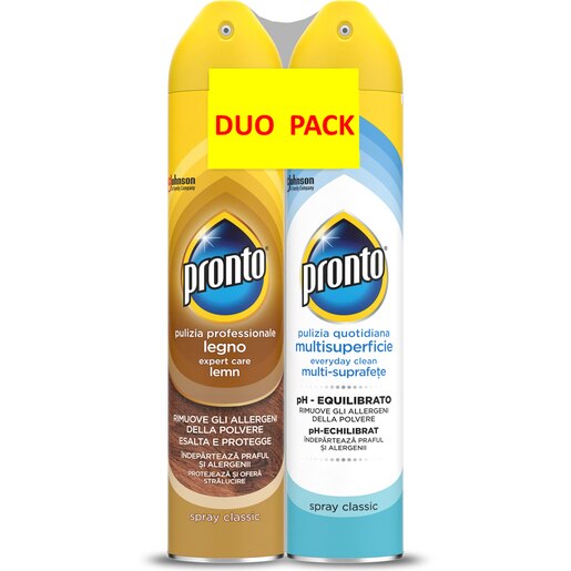 Pachet spray pentru mobila PRONTO Lemn Clasic + PRONTO multisuprafete, 2 x 300ml Pachet spray pentru mobila PRONTO Lemn Clasic + PRONTO multisuprafete, 2 x 300ml
