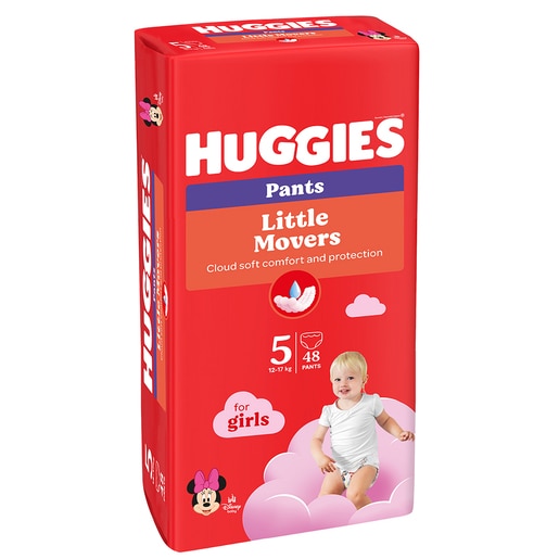 Scutece chilotel HUGGIES Little Movers Mega nr 5, Fata, 12-17 kg, 48 buc Scutece chilotel HUGGIES Little Movers Mega nr 5, Fata, 12-17 kg, 48 buc