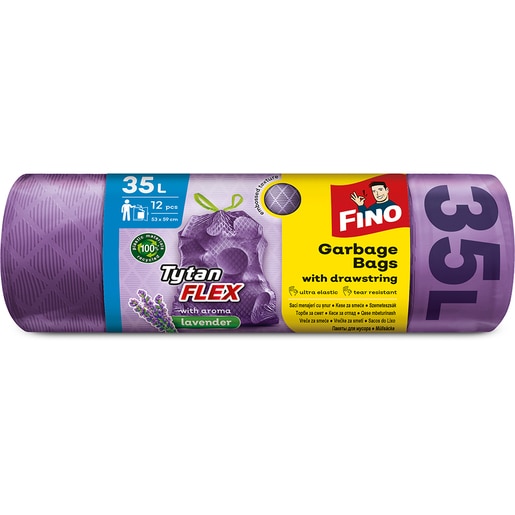 Saci menajeri cu snur FINO Tytan Flex, 12 bucati, 35 l, mov Saci menajeri cu snur FINO Tytan Flex, 12 bucati, 35 l, mov