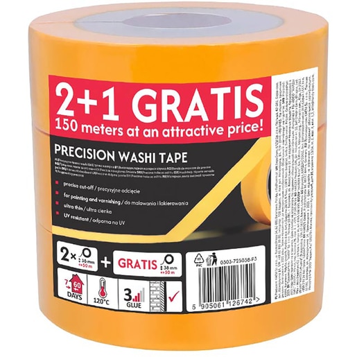 Banda adeziva mascare SCLEY 572 Precision Washi Tape, 38mm x 50m, galben, 3buc Banda adeziva mascare SCLEY 572 Precision Washi Tape, 38mm x 50m, galben, 3buc