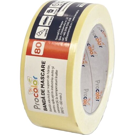 Banda adeziva mascare PROCOLOR 80C, 50mm x 50m, galben Banda adeziva mascare PROCOLOR 80C, 50mm x 50m, galben