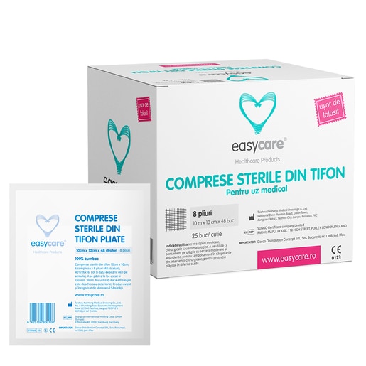 Comprese sterile EASYCARE tifon, pliate, 10x10cm, 25buc Comprese sterile EASYCARE tifon, pliate, 10x10cm, 25buc