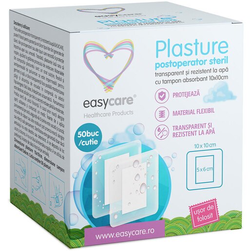 Plasture postoperator steril, transparent si rezistent la apa EASYCARE, 10x10 cm, 50 buc Plasture postoperator steril, transparent si rezistent la apa EASYCARE, 10x10 cm, 50 buc