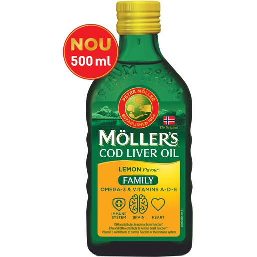 Supliment Ulei ficat de cod Omega 3 Family, aroma de lamaie, 500 ml, MOLLERS Supliment Ulei ficat de cod Omega 3 Family, aroma de lamaie, 500 ml, MOLLERS