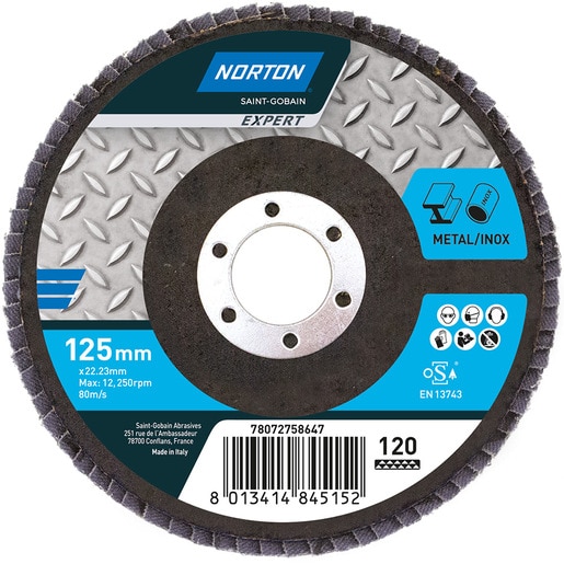 Disc lamelar frontal NORTON, 125 x 22 mm, P120, oxid de aluminiu, albastru Disc lamelar frontal NORTON, 125 x 22 mm, P120, oxid de aluminiu, albastru