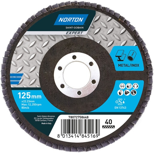 Disc lamelar frontal NORTON, 125 x 22 mm, P40, oxid de aluminiu, albastru Disc lamelar frontal NORTON, 125 x 22 mm, P40, oxid de aluminiu, albastru