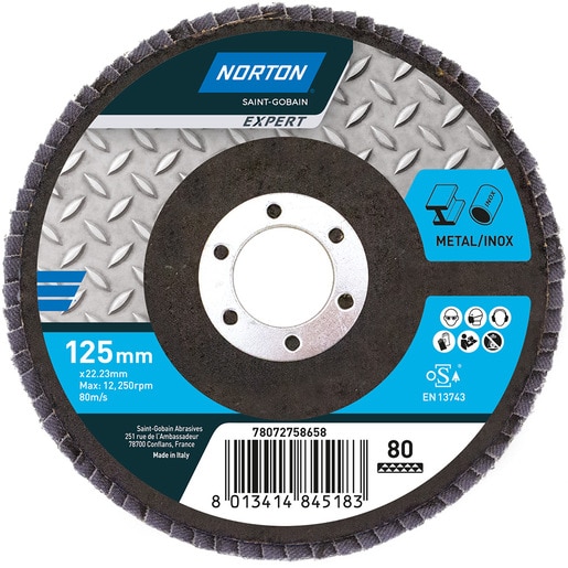 Disc lamelar frontal NORTON, 125 x 22 mm, P80, oxid de aluminiu, albastru Disc lamelar frontal NORTON, 125 x 22 mm, P80, oxid de aluminiu, albastru
