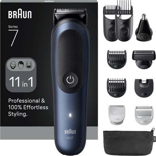 Aparat de tuns multifunctional 11 in 1 BRAUN Seria 7 AIO7540, acumulator, 120 min autonomie, albastru Aparat de tuns multifunctional 11 in 1 BRAUN Seria 7 AIO7540, acumulator, 120 min autonomie, albastru